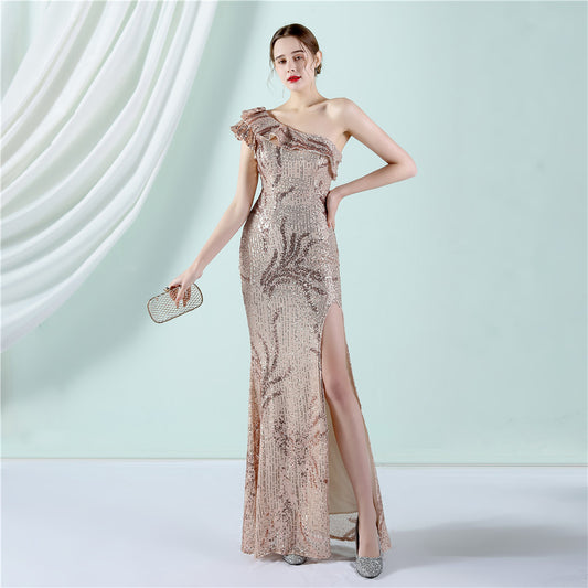 aleksi ワンショルダードレス (着丈 サイズオーダー可能) オーダーメイド マーメイドドレス スリットドレス バーガンディドレス グリッター刺繍 美脚魅せ 体型補整 アシンメトリーデザイン フォーマルスタイル 高級感 演奏会 （ゴールド）