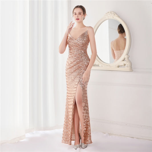 アルカドレス(ARUKA DRESS) lavrenty パーティードレス 結婚式 ロングドレス スパンコール オーダーメイド(着丈サイズ可) Vネック スリット 袖なし 体型カバー 大きいサイズ（ローズゴールド）XS S M L XL XXL XXXL