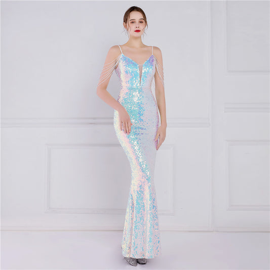 anttoni マーメイドドレス (着丈 サイズオーダー可能) オーダーメイド ロングドレス スパンコールドレス ケープスリーブ Vネックドレス 美シルエット スリムフィット 体型補整 透明感 静かな華やぎ ホテルディナー フォーマル 特別な夜 ラグジュアリー 大人女性 （ホワイト）