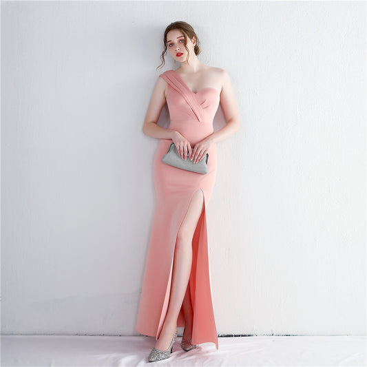 アルカドレス(ARUKA DRESS) nestori スリットドレス オーダーメイド(着丈・サイズ可) ワンショルダーロングドレス パーティードレス 結婚式 お呼ばれ 二次会 披露宴 脚長効果 ドレープ くびれシルエット 体型補整 大きいサイズ （ピンク）XS S M L XL XXL XXXL