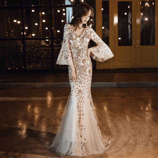 【お値下げ】ゴールド ベージュ レース パーティードレス L ベージュ/ゴールド(beige/gold) – アルカドレス(ARUKA DRESS)