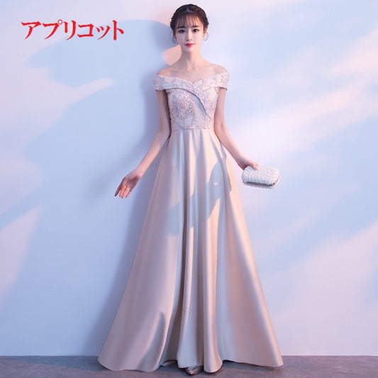 lormeau ロングドレス (着丈 サイズオーダー可能) Aラインドレス 上質サテン 美シルエット 体型補整 レース＆フラワーモチーフ 清楚系フォーマル 高級感 静かな華やぎ 大人の可憐さ（アプリコット）