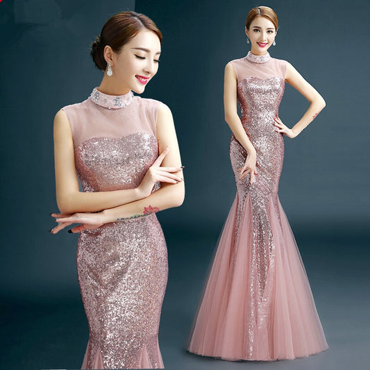 lully マーメイドドレス (着丈 サイズオーダー可能) オーダーメイド ロングドレス スパンコールドレス ロイヤルブルードレス シアーネック 体型補整 美シルエット 高級感 上質素材 演奏会 フォーマルステージ 大人華やか （ピンク）