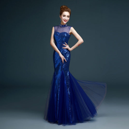 lully マーメイドドレス (着丈 サイズオーダー可能) オーダーメイド ロングドレス スパンコールドレス ロイヤルブルードレス シアーネック 体型補整 美シルエット 高級感 上質素材 演奏会 フォーマルステージ 大人華やか （ブルー）