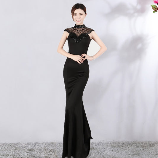 Mina マーメイドドレス (着丈 サイズオーダー可能) オーダーメイド ロングドレス ブラックドレス ハイネックレース ノースリーブ 美シルエット 体型補整 上質素材 高級感 静かな華やぎ フォーマルドレス ホテルディナー （ブラック）