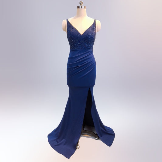 lionne スリットドレス (着丈 サイズオーダー可能) オーダーメイドドレス ロングドレス ブラックカラー 体型補整 美シルエット ハイレグスリット シンプルエレガンス フォトジェニック 高級感 夜景撮影 特別な夜 （ネイビー）