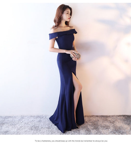 Aino マーメイドドレス (着丈 サイズオーダー可能) オーダーメイド ロングドレス ネイビードレス オフショルダードレス スリットドレス 体型補整 美シルエット 上質素材 高級感 大人グラマラス ホテル階段 特別な夜 （ネイビー）