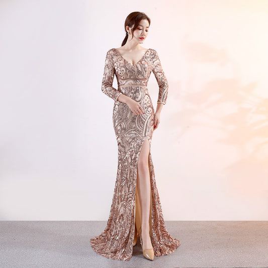 benjamin スパンコールドレス (着丈 サイズオーダー可能) オーダーメイド ロングドレス マーメイドドレス Vネックドレス スリット入り ウエストシアー切替 長袖ドレス ブラックドレス 体型補整 高級感 演奏会 フォーマルスタイル （ゴールド）