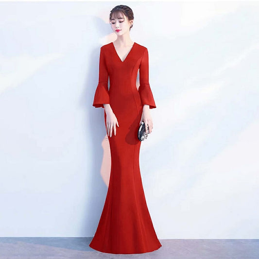 signe マーメイドドレス (着丈 サイズオーダー可能) オーダーメイド ロングドレス スリットドレス ネイビードレス Vネックドレス フレアスリーブ 体型補整 美シルエット 上質素材 高級感 ホテルラウンジ 大人エレガント （レッド）