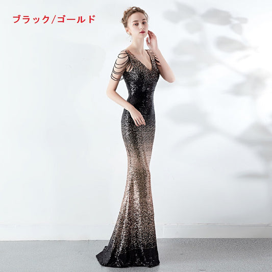 yeva マーメイドドレス (着丈 サイズオーダー可能) オーダーメイド ロングドレス グラデーションドレス スパンコールドレス Vネックドレス 体型補整 美シルエット 高級感 大人フェミニン ホテルラウンジ 演奏会 （ブラック/ゴールド）