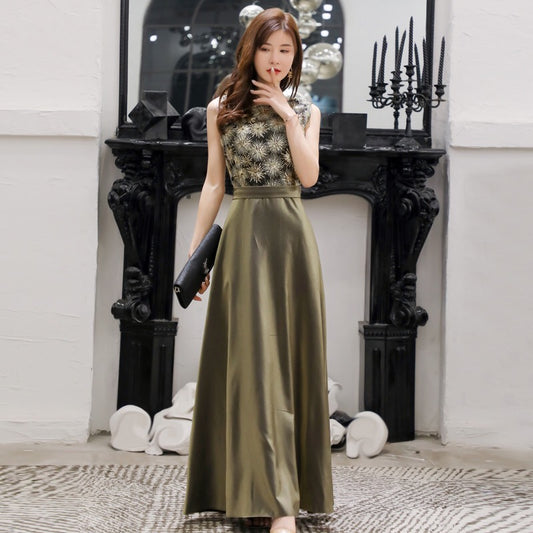 tere ロングドレス (着丈 サイズオーダー可能) オーダーメイド ノースリーブドレス レース刺繍 上質素材 体型補整 美シルエット エレガントライン 透明感 ホテルディナー ナイトシーン 高級感 静かな輝き 大人上品 セレモニー対応 日本人女性向け （グリーン）