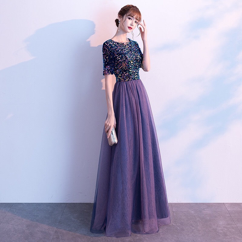 新品 ドレス ワンピース Lサイズ 結婚式 卒業式 紫 パープル 七分袖