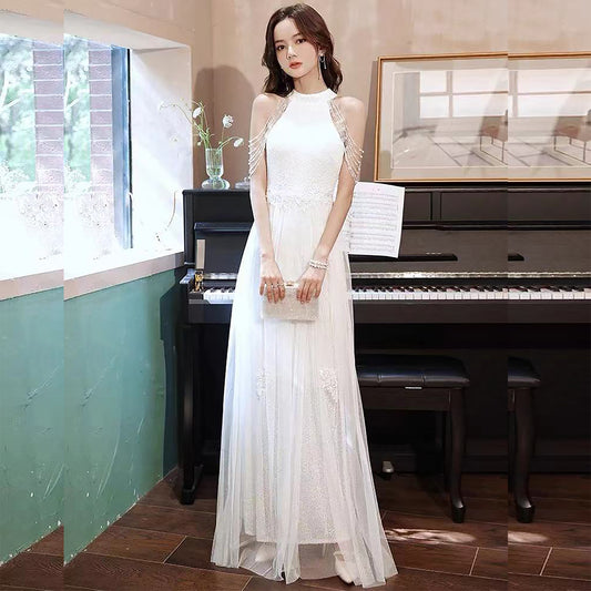 Damian レースドレス (着丈 サイズオーダー可能) オーダーメイド ロングドレス ハイネックドレス シースルードレス スパンコールドレス フレンチスリーブ風 スリムフィット 体型補整 花嫁ドレス フォーマルドレス ラグジュアリー 透明感 大人上品 （ホワイト）