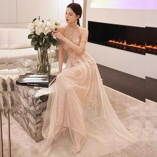 Damian レースドレス (着丈 サイズオーダー可能) オーダーメイド ロングドレス ハイネックドレス シースルードレス スパンコールドレス フレンチスリーブ風 スリムフィット 体型補整 花嫁ドレス フォーマルドレス ラグジュアリー 透明感 大人上品 （ゴールド）