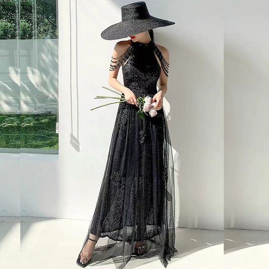 Damian レースドレス (着丈 サイズオーダー可能) オーダーメイド ロングドレス ハイネックドレス シースルードレス スパンコールドレス フレンチスリーブ風 スリムフィット 体型補整 花嫁ドレス フォーマルドレス ラグジュアリー 透明感 大人上品 （ブラック）