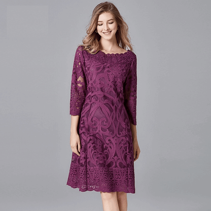 vilen ミディ丈ドレス (着丈 サイズオーダー可能) オーダーメイド 総レースドレス 七分袖ドレス パープルドレス ストレートシルエット 上品素材 体型補整 美スタイル 清楚フェミニン ホテルランチ フォーマルシーン 日本人女性向け （パープル）